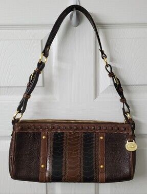Brahmin Vintage Brown Leather Shoulder Hand Bag with Croc-Style Paneling
